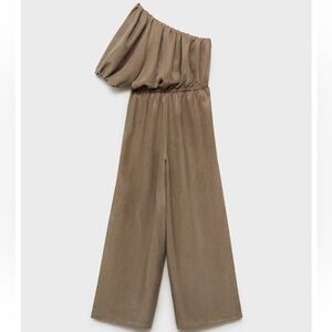 MANGO One-Shoulder Asymmetrical Taupe Wide Leg Jumpsuit BNWT Size L